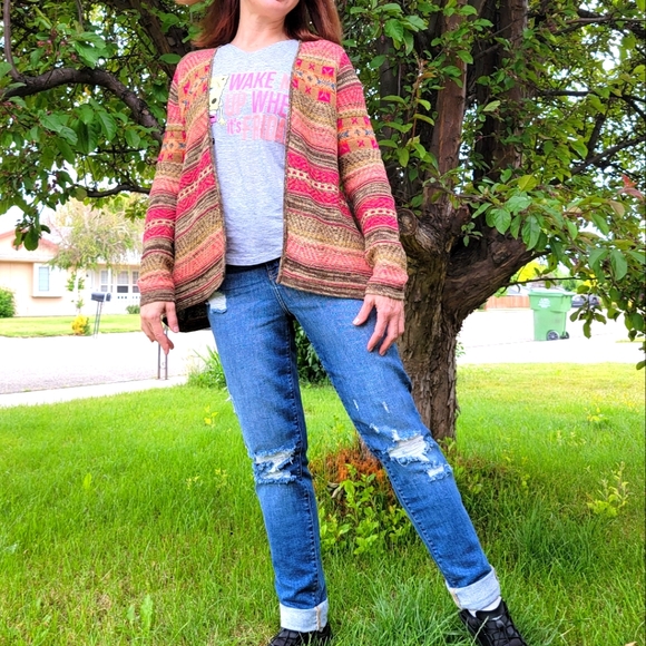 Women Linen Boho Cotton open front  Multicolor Striped Cardigan Sweater | size M - Picture 3 of 16